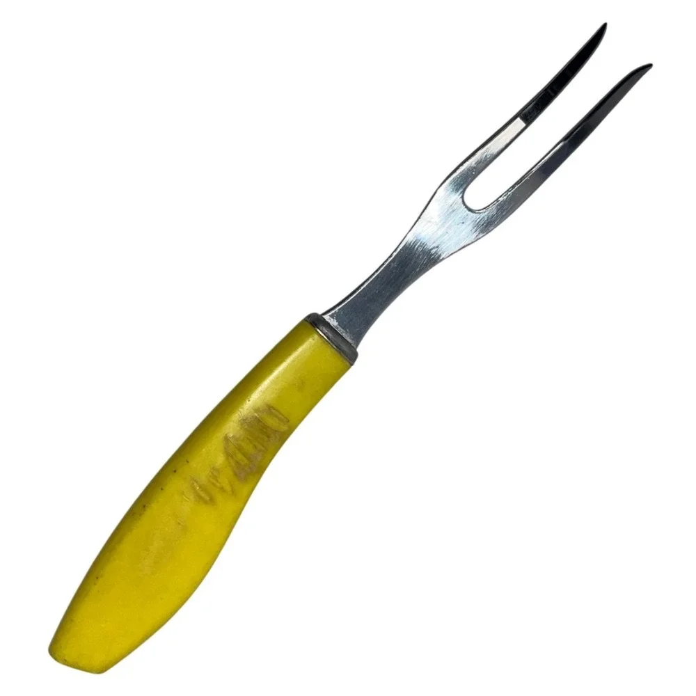 Vintage | Stainless USA | Carving Fork‎ | Plastic Yellow Handle Kitchen | FLAW